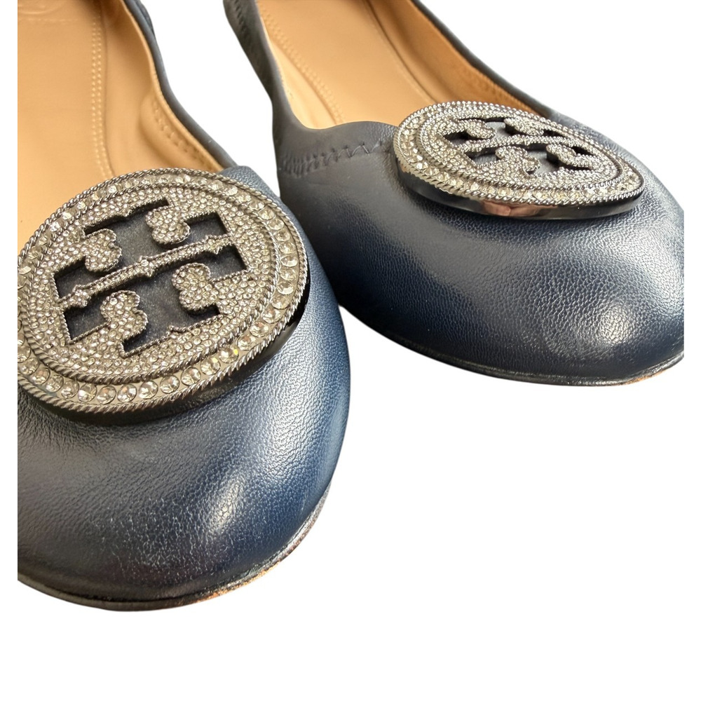 Tory Burch Liana Navy Napa Leather Ballet Flats Rhinestone Medallion Logo Sz 9 - Picture 12 of 12